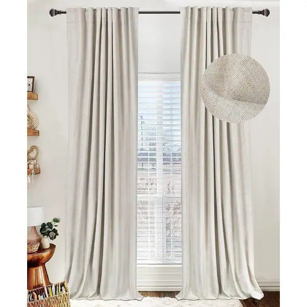 100% Blackout Linen 96 Inch Curtains 2 Panel Set for Bedroom, Modern Pinch Pleated Natural Linen Off Beige White Insulated Heavy Curtain 40 x 96 Inches Length Sliding Glass Door Room Darkening Drapes
