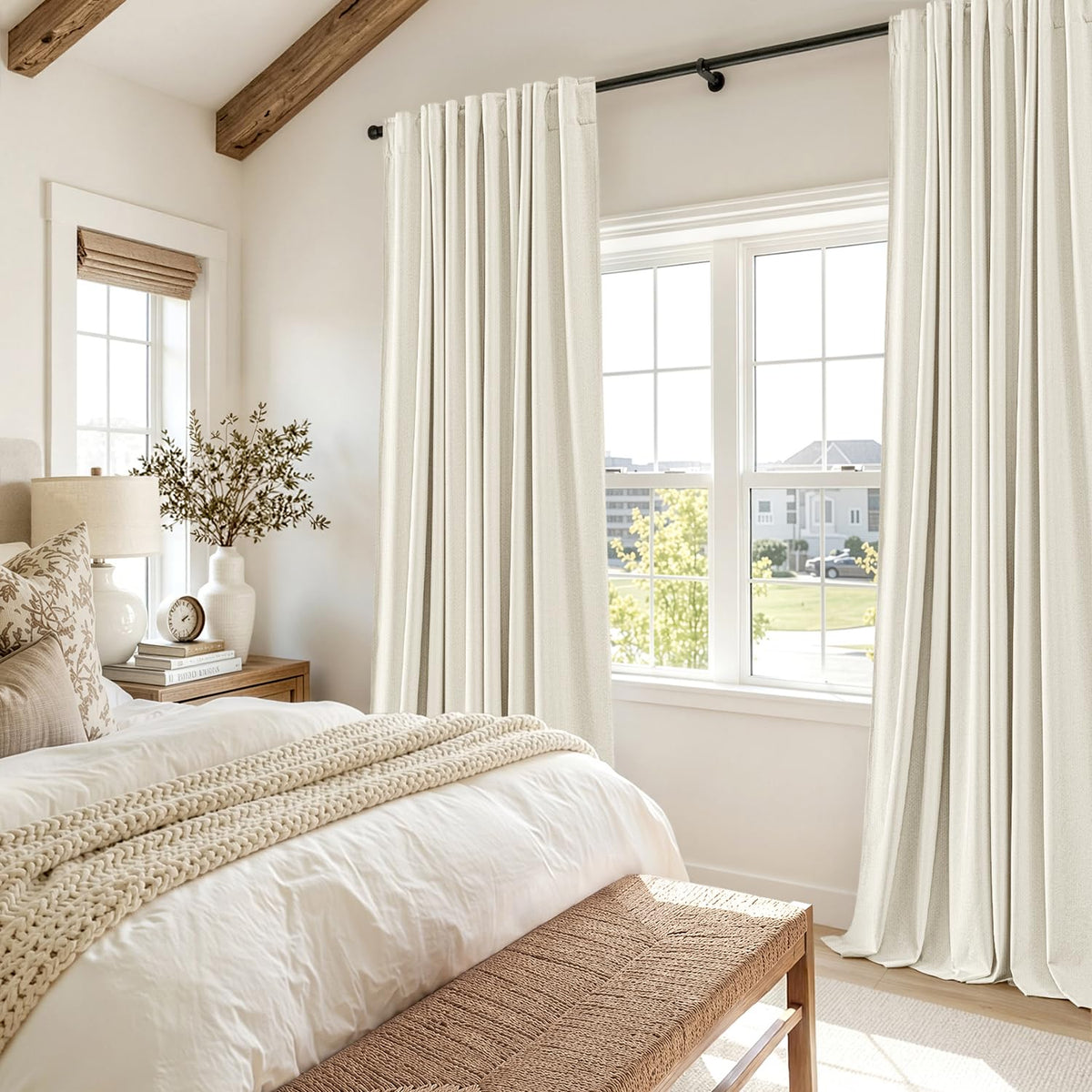 100% Blackout Linen 96 Inch Curtains 2 Panel Set for Bedroom, Modern Pinch Pleated Natural Linen Off Beige White Insulated Heavy Curtain 40 x 96 Inches Length Sliding Glass Door Room Darkening Drapes