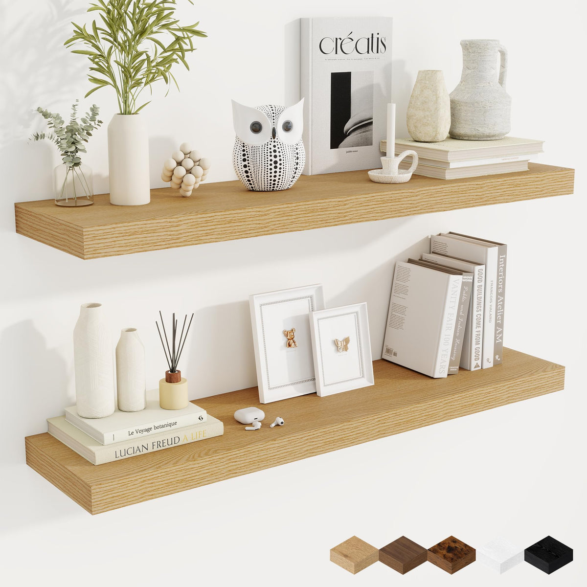 Acovy 40 Inch Floating Shelves, 12" Deep Floating Shelf Wall Mounted, 40" Wall Shelves, Rustic Deep Bookshelf, Extra Deeper & Thicker Display Shelves for Bedroom, Living Room, Oak, Set of 2