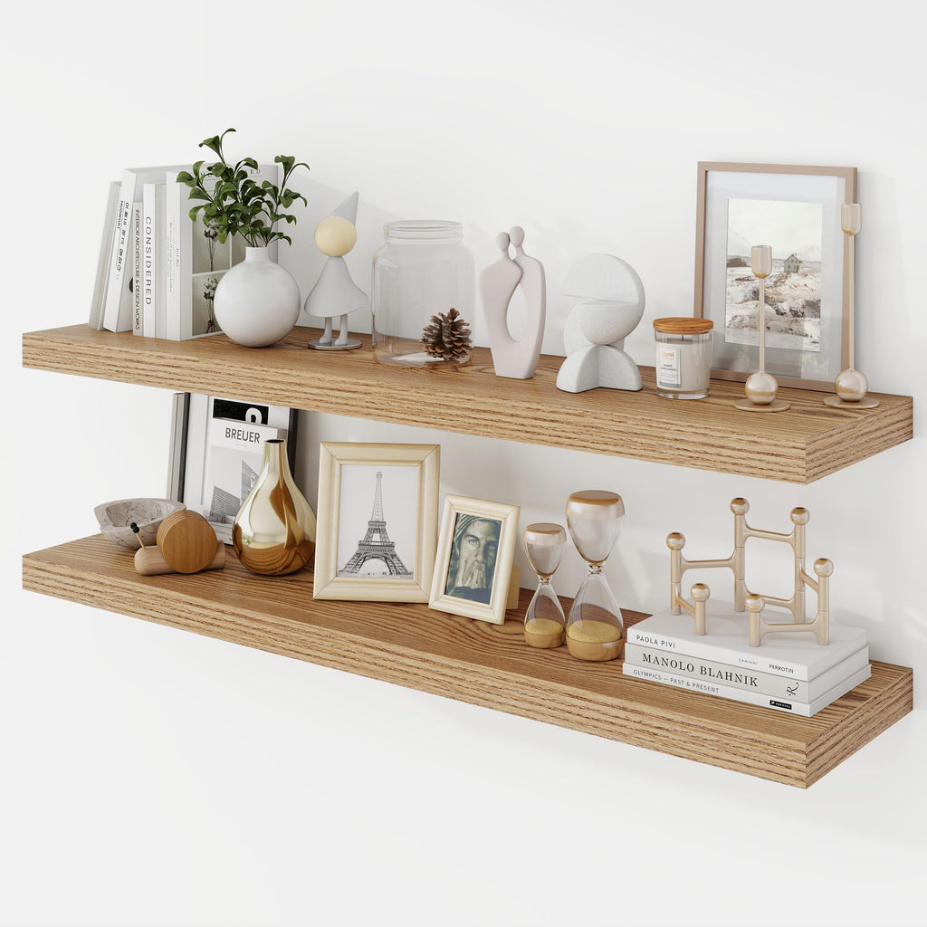 Acovy 40 Inch Floating Shelves, 12" Deep Floating Shelf Wall Mounted, 40" Wall Shelves, Rustic Deep Bookshelf, Extra Deeper & Thicker Display Shelves for Bedroom, Living Room, Oak, Set of 2