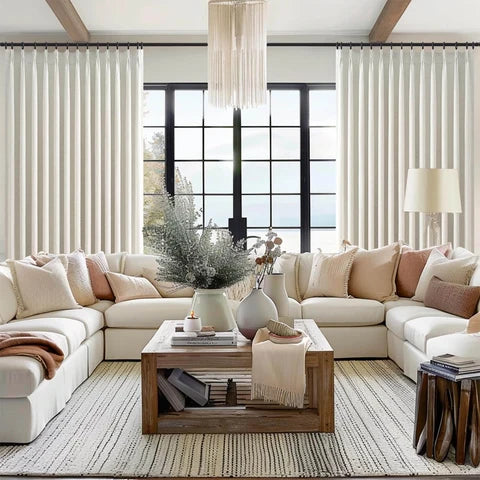 100% Blackout Linen 96 Inch Curtains 2 Panel Set for Bedroom, Modern Pinch Pleated Natural Linen Off Beige White Insulated Heavy Curtain 40 x 96 Inches Length Sliding Glass Door Room Darkening Drapes