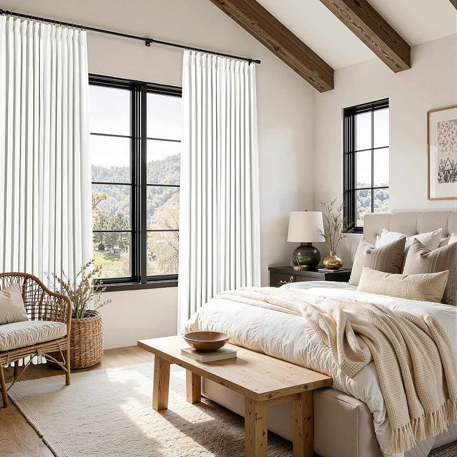100% Blackout Linen 96 Inch Curtains 2 Panel Set for Bedroom, Modern Pinch Pleated Natural Linen Off Beige White Insulated Heavy Curtain 40 x 96 Inches Length Sliding Glass Door Room Darkening Drapes