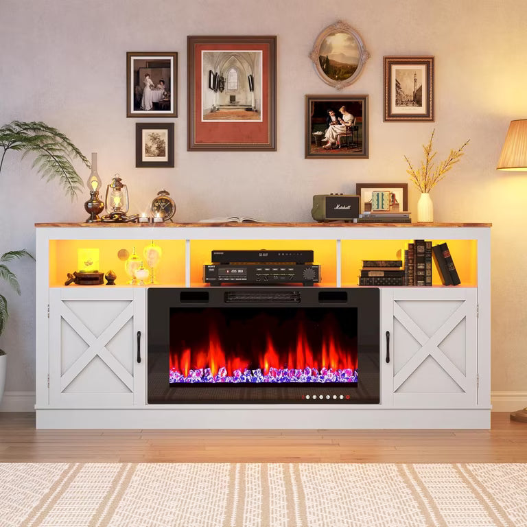 70" Farmhouse Fireplace TV Stand with LED Lights, Custom