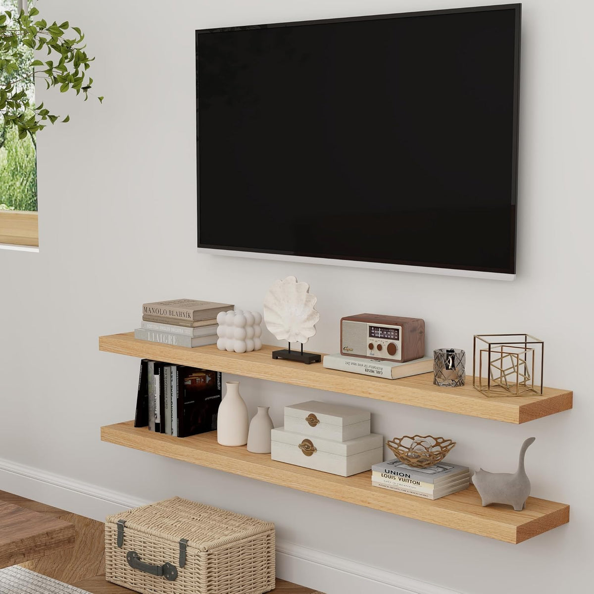 Acovy 40 Inch Floating Shelves, 12" Deep Floating Shelf Wall Mounted, 40" Wall Shelves, Rustic Deep Bookshelf, Extra Deeper & Thicker Display Shelves for Bedroom, Living Room, Oak, Set of 2