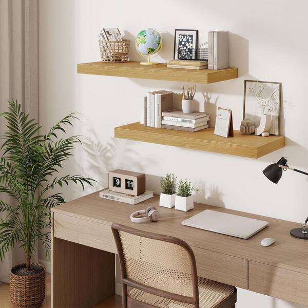 Acovy 40 Inch Floating Shelves, 12" Deep Floating Shelf Wall Mounted, 40" Wall Shelves, Rustic Deep Bookshelf, Extra Deeper & Thicker Display Shelves for Bedroom, Living Room, Oak, Set of 2